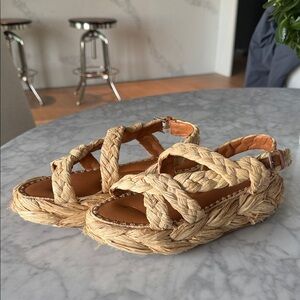 Robert Clergerie Braided Raffia Platform Sandals in Natural Tan